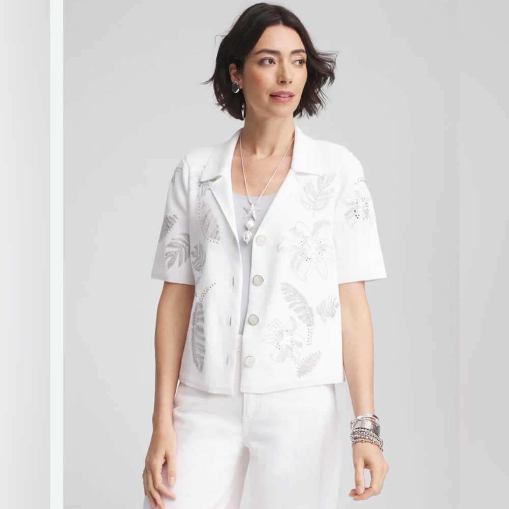 Chico’s New Milano Women's short sleeve embroidered Sweater Cardigan